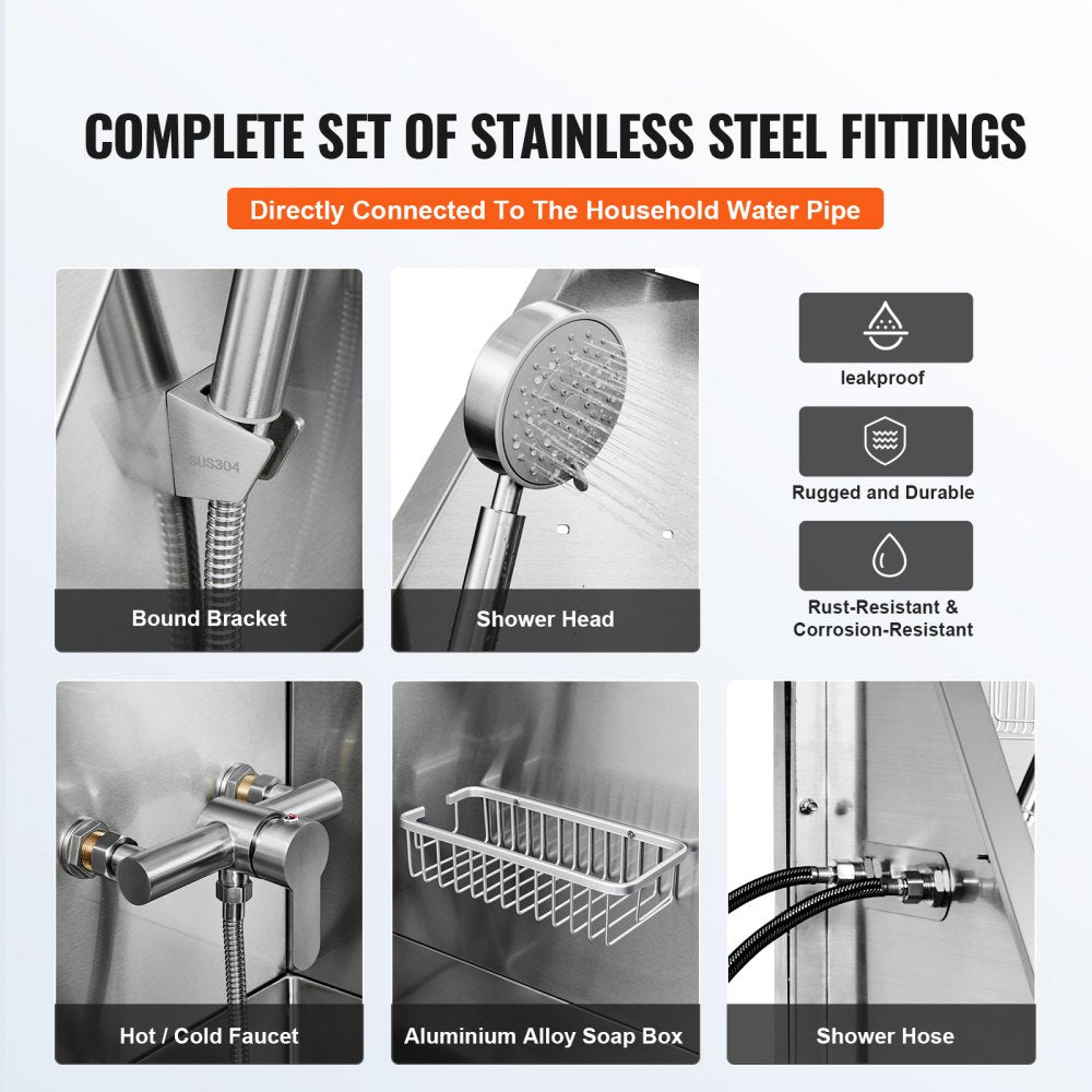 Stainless steel dog grooming tub with ramp, faucet, and anti-slip surfaces for safety.
