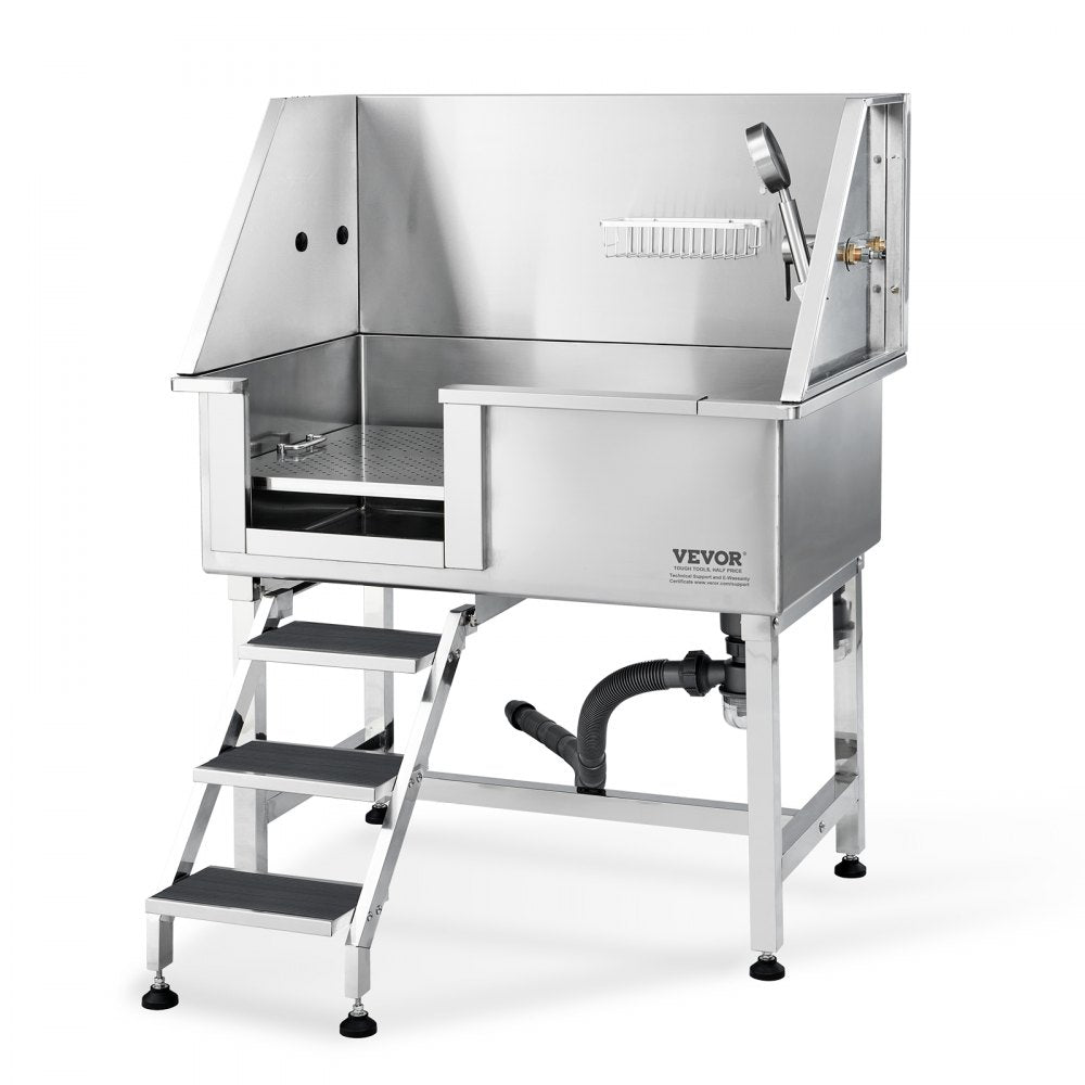 Stainless steel dog grooming tub with ramp, faucet, and anti-slip surfaces for safety.