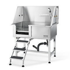 Stainless steel dog grooming tub with ramp, faucet, and anti-slip surfaces for safety.