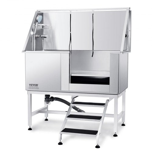 50-inch stainless steel pet bathing station with adjustable height, stairs, faucet, and showerhead.