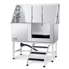 50-inch stainless steel pet bathing station with adjustable height, stairs, faucet, and showerhead.