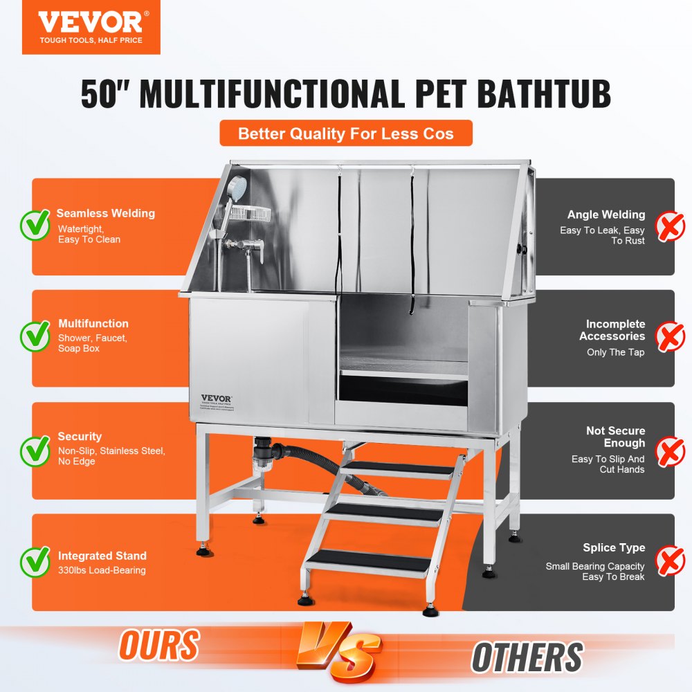 50" stainless steel pet bathing station with adjustable height, stairs, faucet, and showerhead.
