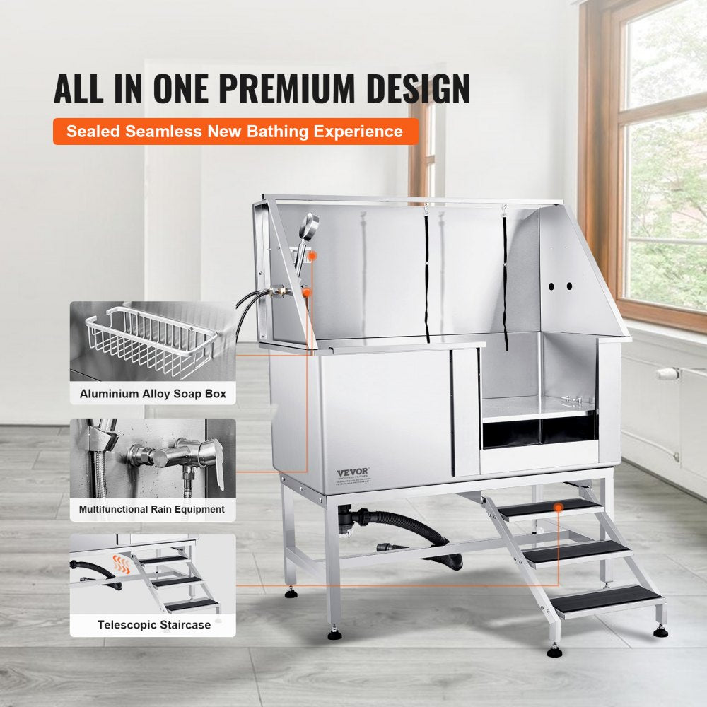 50-inch stainless steel pet bathing station with adjustable height, stairs, faucet, and soap box.