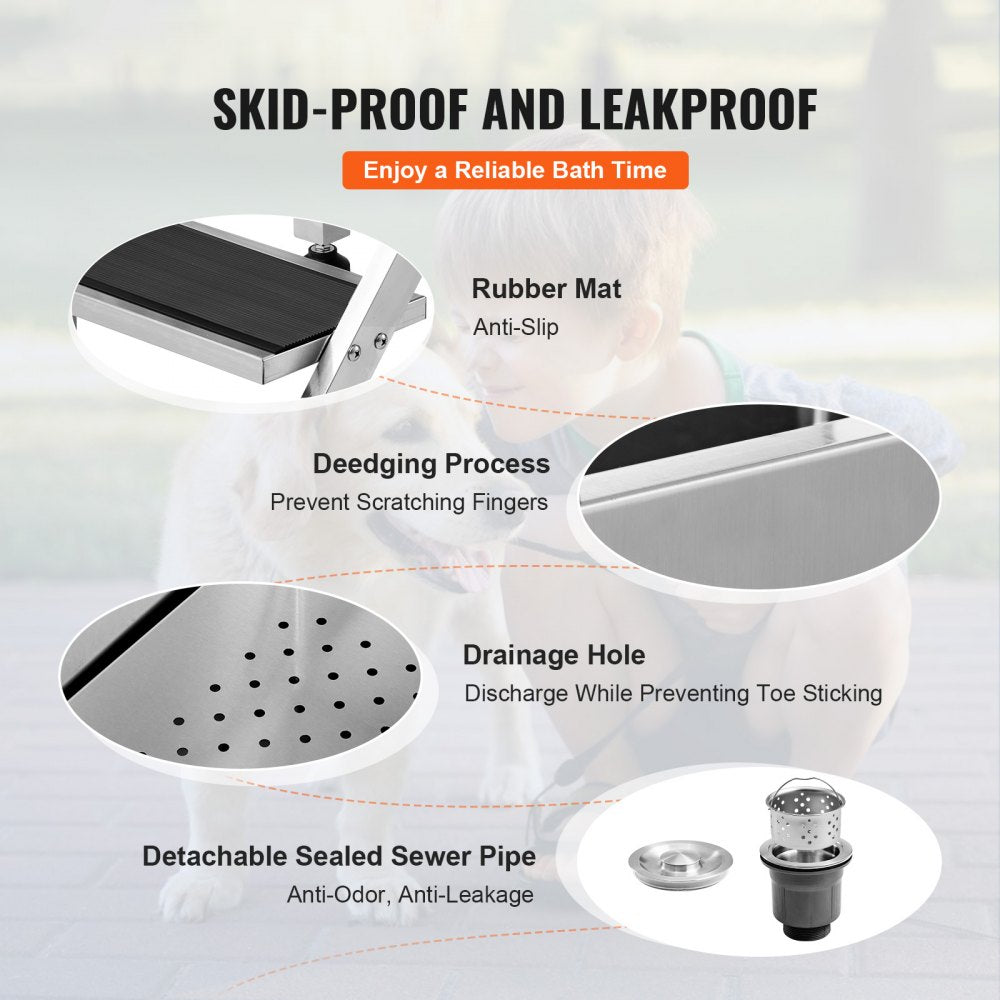 Stainless steel pet bathing station with anti-slip stairs, rubber mat, drainage holes, and detachable pipe.
