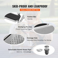 Stainless steel pet bathing station with anti-slip stairs, rubber mat, drainage holes, and detachable pipe.