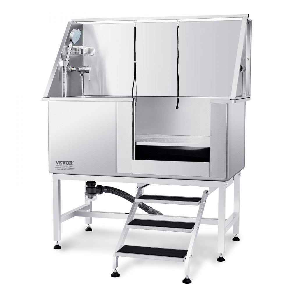 50" stainless steel pet bathing station with adjustable height, stairs, and faucet.