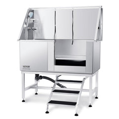 50" stainless steel pet bathing station with adjustable height, stairs, and faucet.