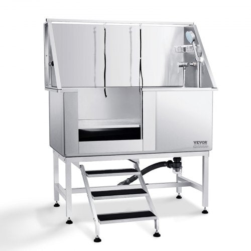 Stainless steel dog grooming tub with stairs, left door, and integrated shower accessories.