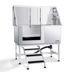 Stainless steel dog grooming tub with stairs, left door, and integrated shower accessories.