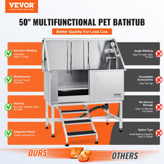 50-inch stainless steel dog grooming tub with stairs and left door for easy pet bathing.