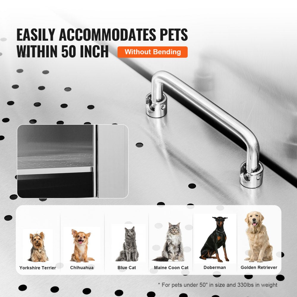 50-inch stainless steel dog grooming tub with stairs and left door for easy pet bathing.