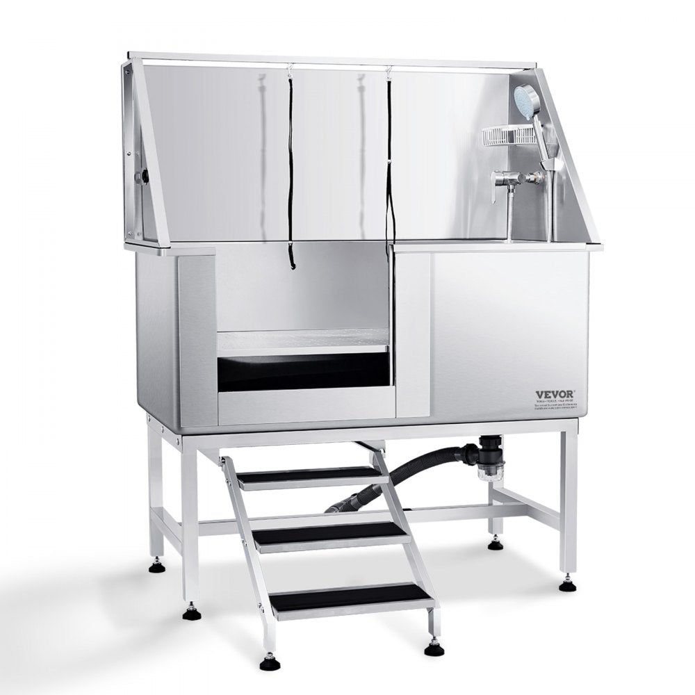50-inch stainless steel dog grooming tub with stairs and left door for easy pet bathing.