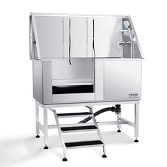50-inch stainless steel dog grooming tub with stairs and left door for easy pet bathing.