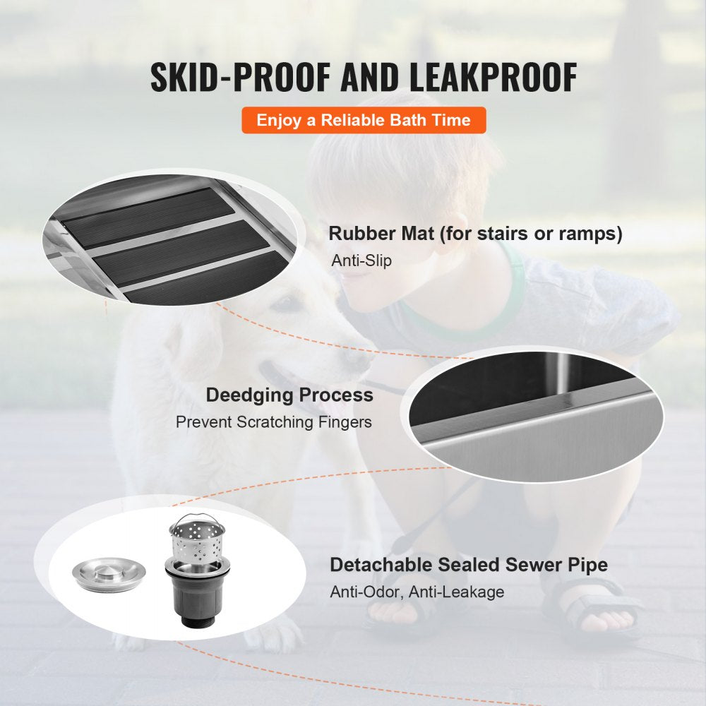 Stainless steel dog grooming tub with left door and ramp, featuring adjustable height and anti-slip mats.