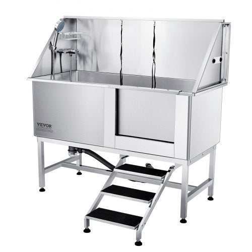 62-inch stainless steel right-side pet bathing station with stairs and shower.