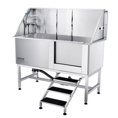 62-inch stainless steel right-side pet bathing station with stairs and shower.