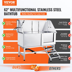62-inch stainless steel pet bathing station with right-side stairs and integrated shower.