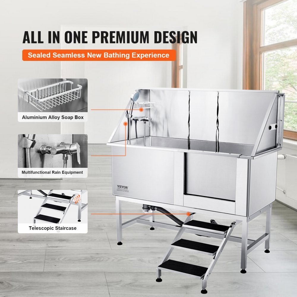Stainless steel pet dog bathing station with stairs and integrated shower system on the right side