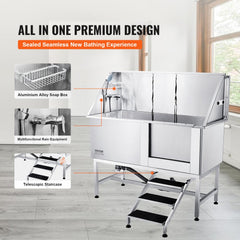 Stainless steel pet dog bathing station with stairs and integrated shower system on the right side