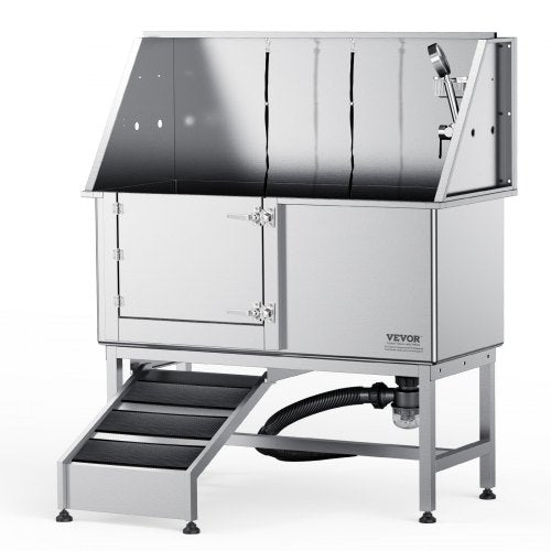 Bostome 62" stainless steel dog grooming tub with ramp and anti-slip surface for large breeds.