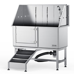 Stainless steel dog grooming tub with ramp, 62 inches long, supports up to 440 pounds.