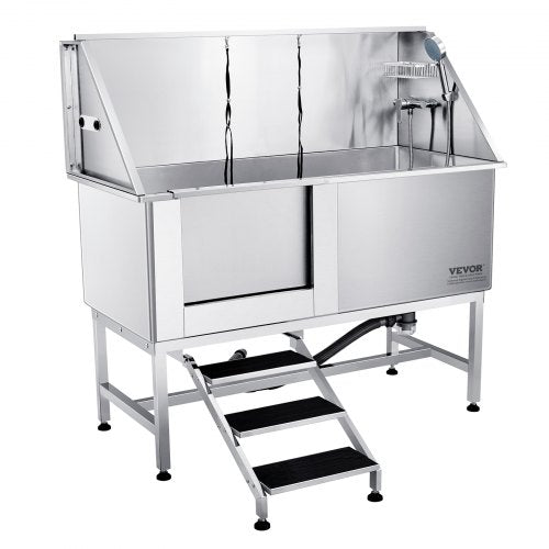 Stainless steel dog grooming tub with stairs, faucet, and non-slip surface for stability.