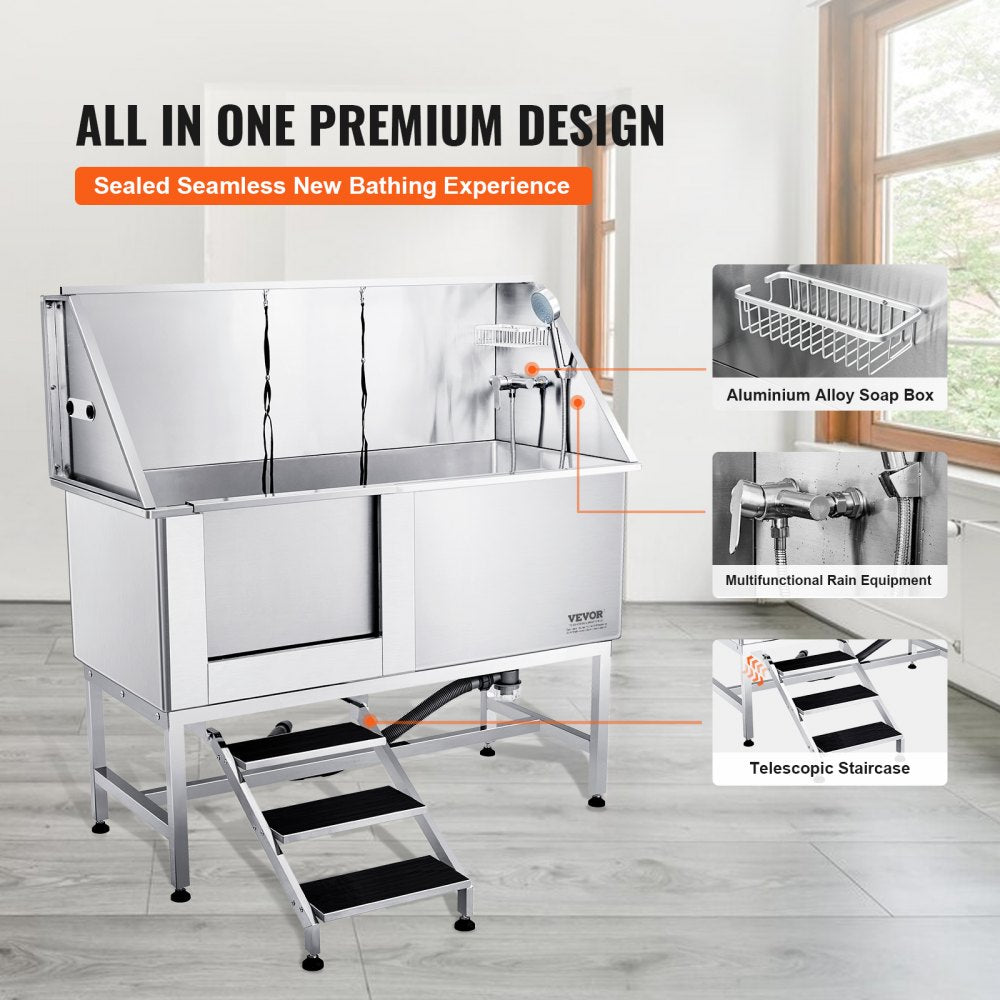 Stainless steel dog grooming tub with stairs, faucet, and anti-slip surface for stability.