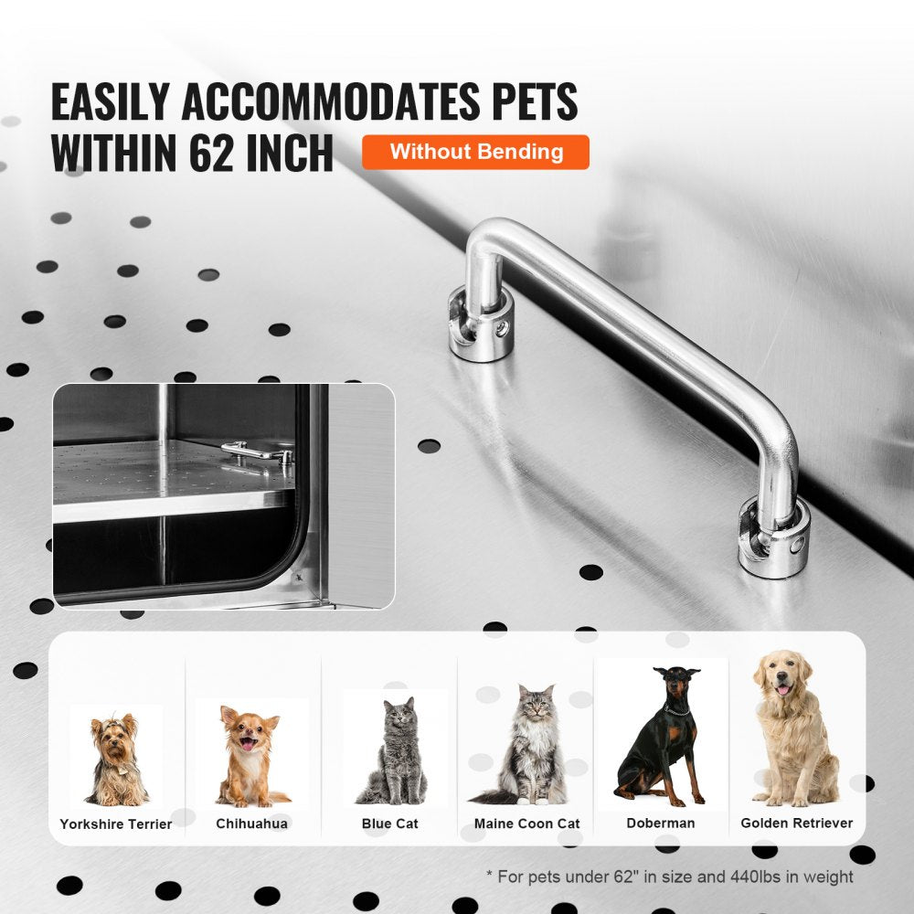 Stainless steel dog grooming tub with stairs, faucet, and anti-slip surface for stability.