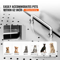 Stainless steel dog grooming tub with stairs, faucet, and anti-slip surface for stability.