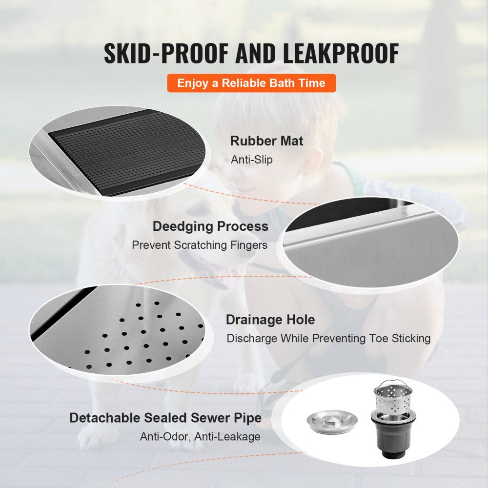 Stainless steel dog grooming tub with stairs, faucet, and anti-slip surface for stability.