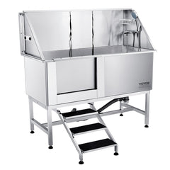 Stainless steel dog grooming tub with stairs, faucet, and anti-slip surface for stability.