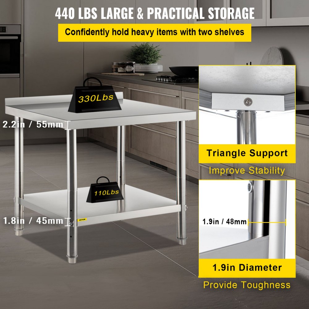 Stainless Steel Prep Table, 36 x 24 x 35 Inch, 440lbs Load Capacity Heavy Duty Metal Worktable with Backsplash and Adjustable Undershelf, Commercial Workstation for Kitchen Restaurant