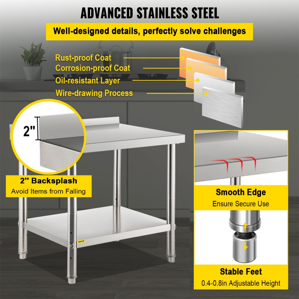 Stainless Steel Prep Table, 36 x 24 x 35 Inch, 440lbs Load Capacity Heavy Duty Metal Worktable with Backsplash and Adjustable Undershelf, Commercial Workstation for Kitchen Restaurant