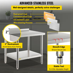 Stainless Steel Prep Table, 36 x 24 x 35 Inch, 440lbs Load Capacity Heavy Duty Metal Worktable with Backsplash and Adjustable Undershelf, Commercial Workstation for Kitchen Restaurant