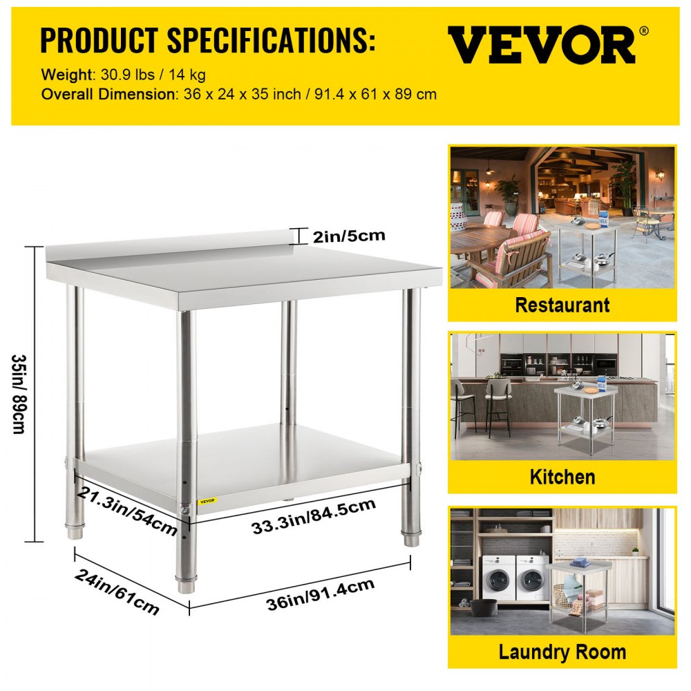 Stainless Steel Prep Table, 36 x 24 x 35 Inch, 440lbs Load Capacity Heavy Duty Metal Worktable with Backsplash and Adjustable Undershelf, Commercial Workstation for Kitchen Restaurant