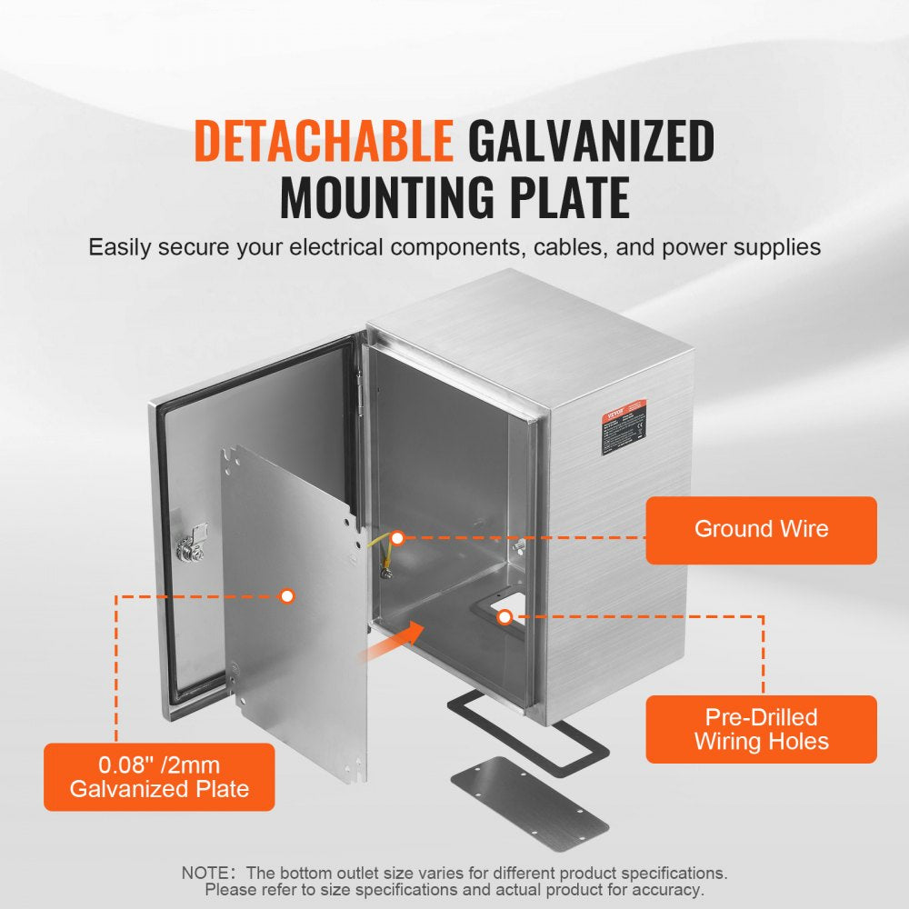 Steel Electrical Box, 24"x 20"x 8", 304 Stainless Steel Electrical Enclosure Box, Wall-Mounted Outdoor Electrical Electronic Equipment Enclosure with Mounting Plate Hinges Lock, IP66 Waterproof