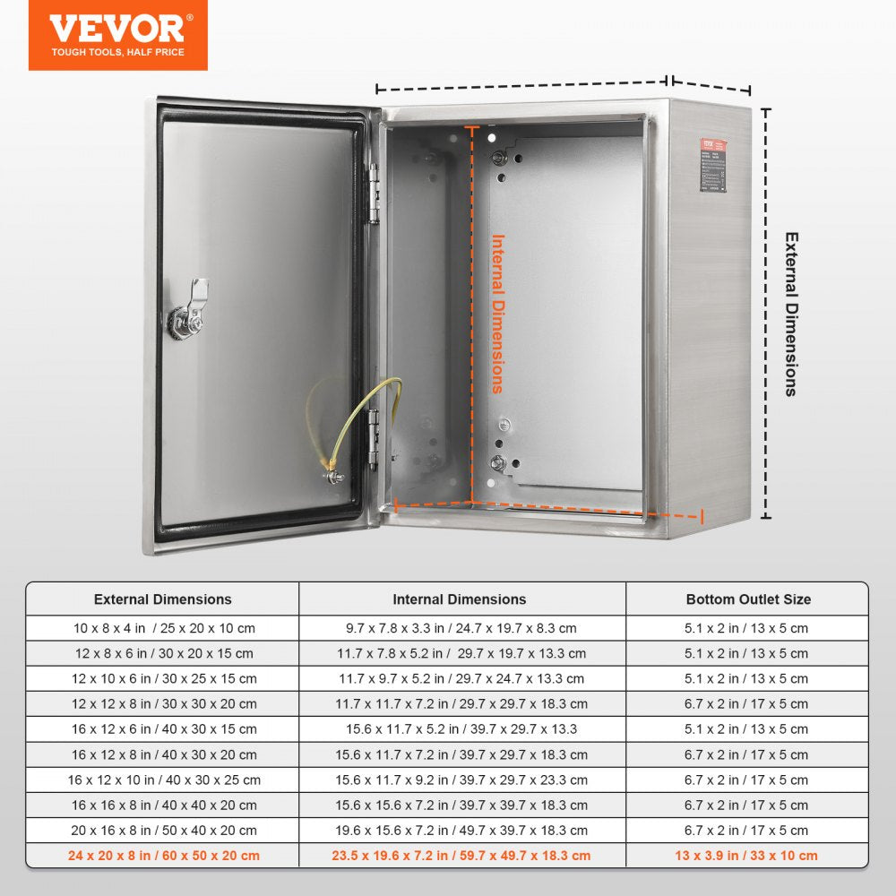 Steel Electrical Box, 24"x 20"x 8", 304 Stainless Steel Electrical Enclosure Box, Wall-Mounted Outdoor Electrical Electronic Equipment Enclosure with Mounting Plate Hinges Lock, IP66 Waterproof