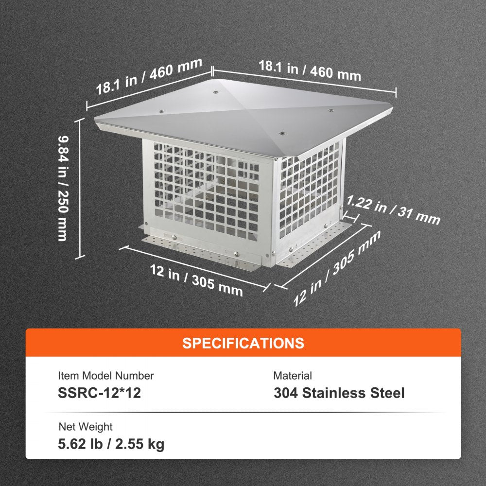 Chimney Cap, 12 x 12 inch, 304 Stainless Steel Fireplace Chimney Cover, Not Easily Toppled & Practical Accessories & Easy Installation, Fits Mesh Flue Covers Outside Clay Flue Shingles, Silver