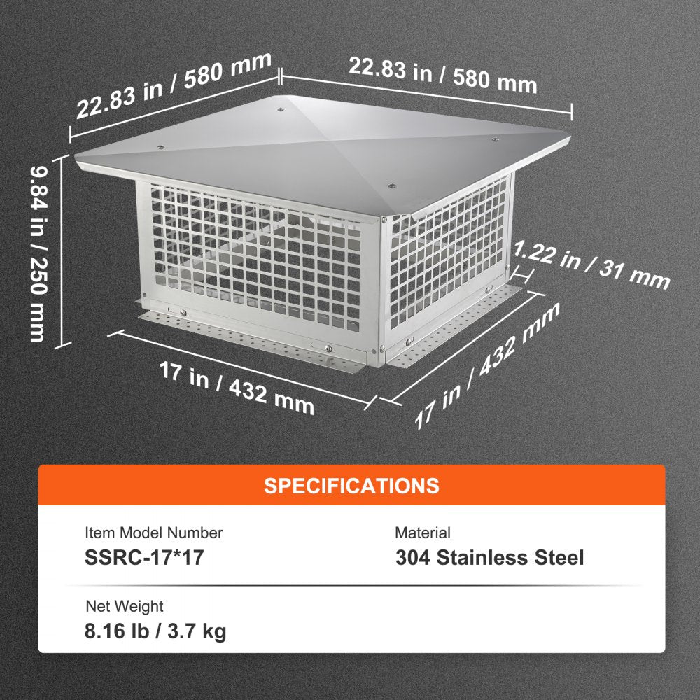 Chimney Cap, 17 x 17 inch, 304 Stainless Steel Fireplace Chimney Cover, Not Easily Toppled & Practical Accessories & Easy Installation, Fits Mesh Flue Covers Outside Clay Flue Shingles, Silver