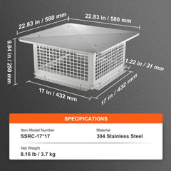 Chimney Cap, 17 x 17 inch, 304 Stainless Steel Fireplace Chimney Cover, Not Easily Toppled & Practical Accessories & Easy Installation, Fits Mesh Flue Covers Outside Clay Flue Shingles, Silver