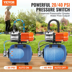 1HP Shallow Well Pump with Pressure Tank 1000GPH Irrigation Booster Pump
