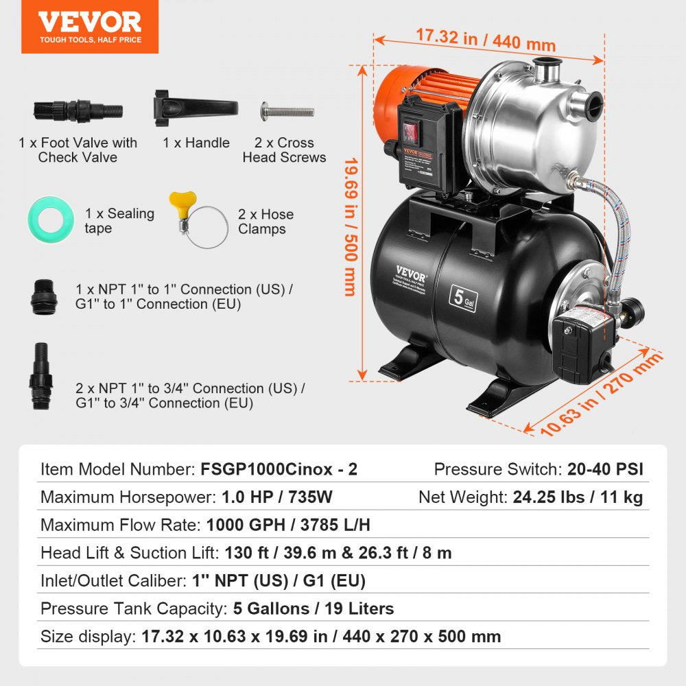 1HP Shallow Well Pump with Pressure Tank 1000GPH Irrigation Booster Pump