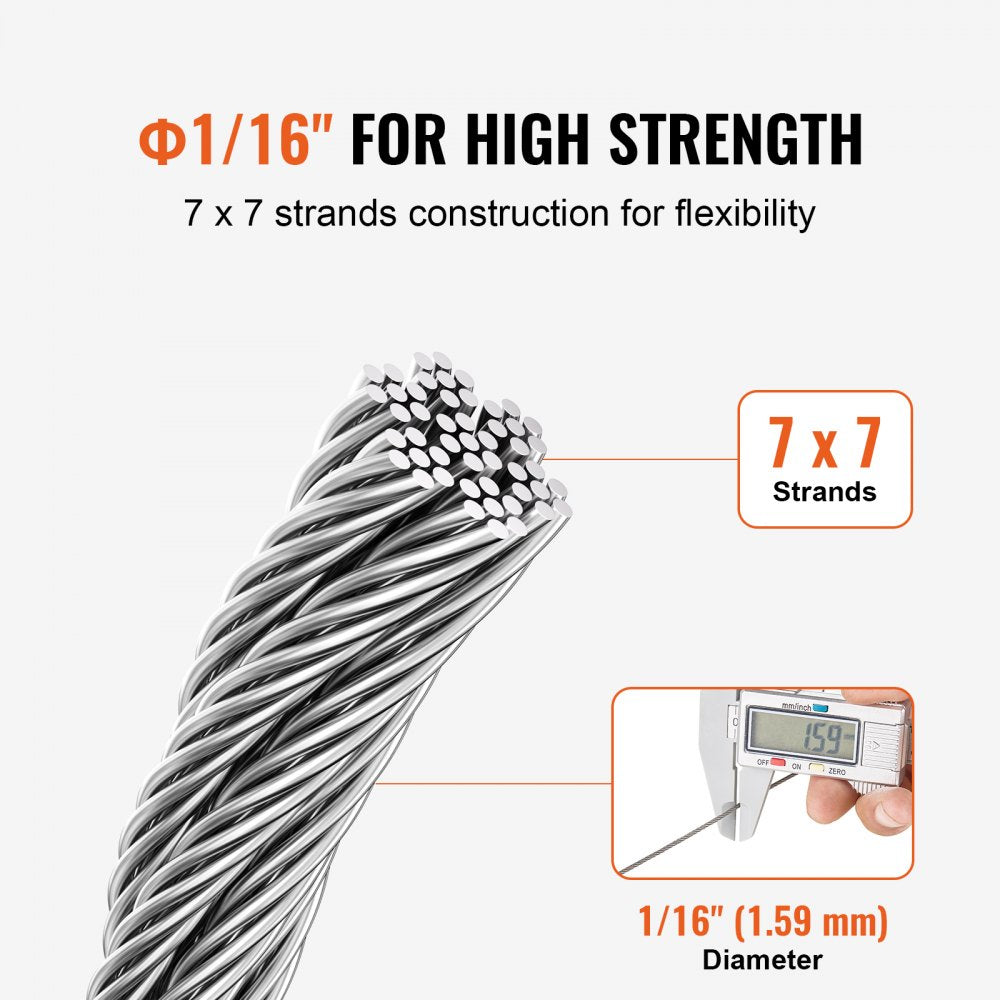 T304 Stainless Steel Cable 1/16" 7x7 Steel Wire Rope 330 ft Cable Railing
