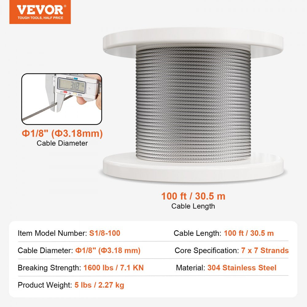 T304 Stainless Steel Cable 1/8" 7x7 Steel Wire Rope 100 ft Cable Railing