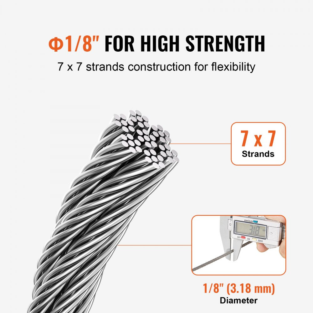 T316 Stainless Steel Cable 1/8" 7x7 Steel Wire Rope 100 ft Cable Railing