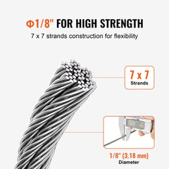 T316 Stainless Steel Cable 1/8" 7x7 Steel Wire Rope 100 ft Cable Railing