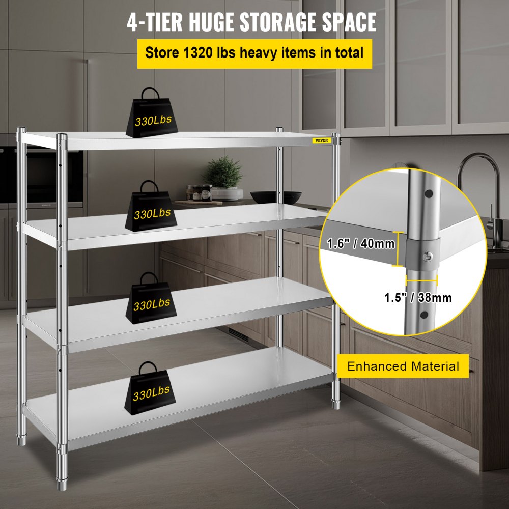 Stainless Steel Shelving 60x18.5 Inch 4 Tier Adjustable Shelf Storage Unit Stainless Steel Heavy Duty Shelving for Kitchen Commercial Office Garage Storage 330lb Per Shelf