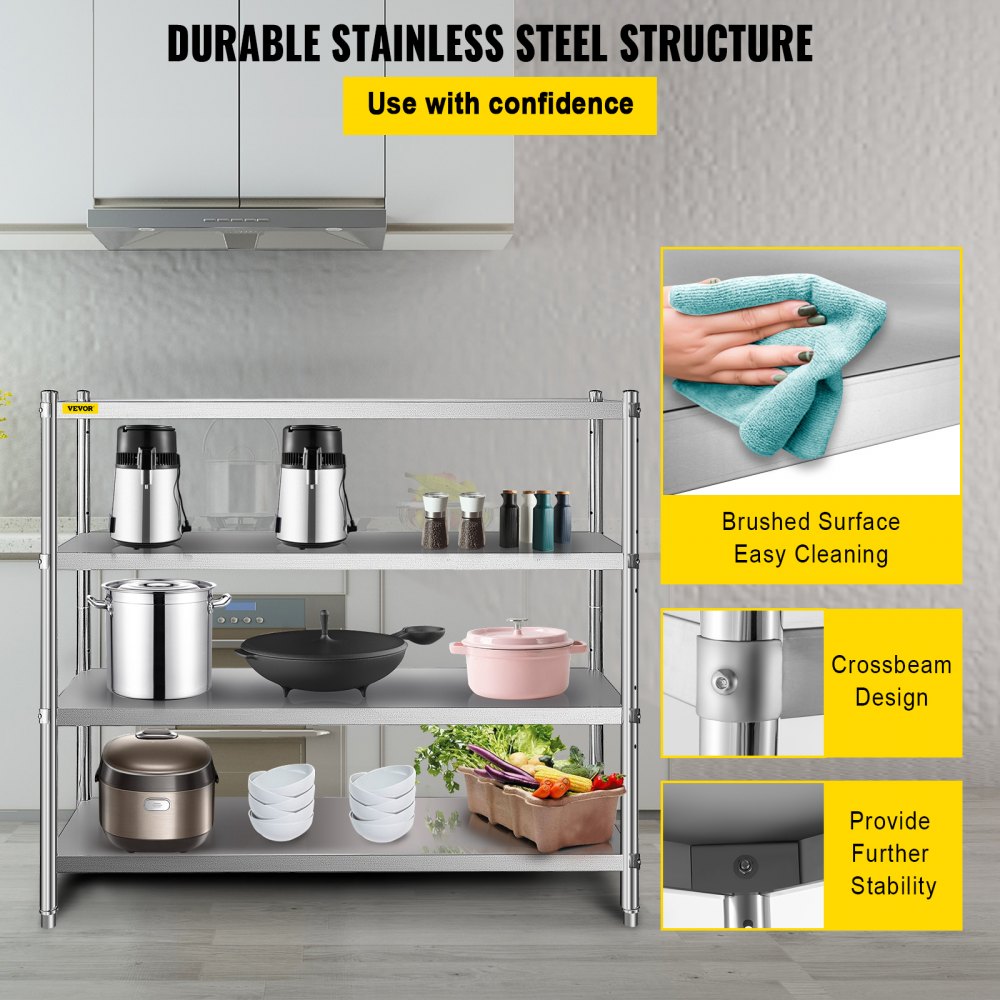 Stainless Steel Shelving 60x18.5 Inch 4 Tier Adjustable Shelf Storage Unit Stainless Steel Heavy Duty Shelving for Kitchen Commercial Office Garage Storage 330lb Per Shelf