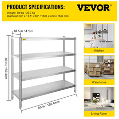 Stainless Steel Shelving 60x18.5 Inch 4 Tier Adjustable Shelf Storage Unit Stainless Steel Heavy Duty Shelving for Kitchen Commercial Office Garage Storage 330lb Per Shelf