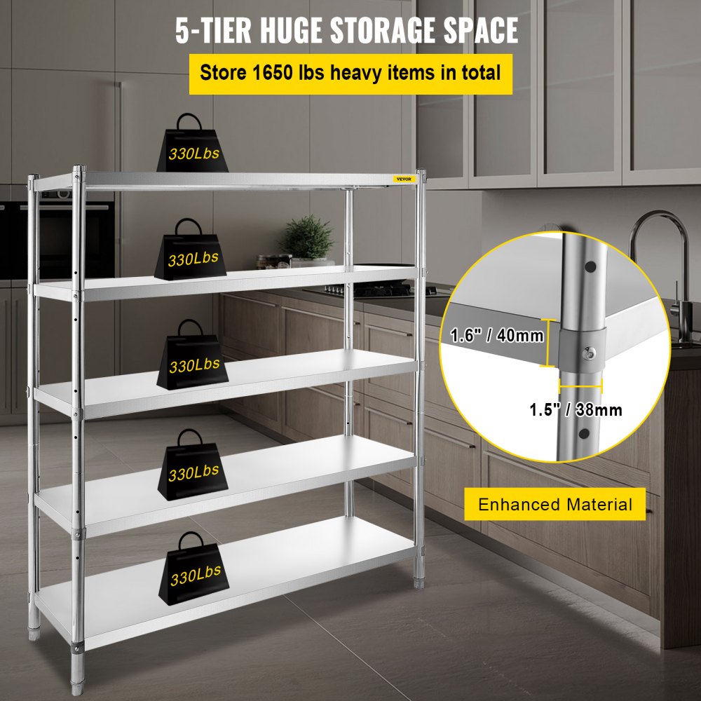 Stainless Steel Shelving 60x18.5 Inch 5 Tier Adjustable Shelf Storage Unit Stainless Steel Heavy Duty Shelving for Kitchen Commercial Office Garage Storage 330lb Per Shelf